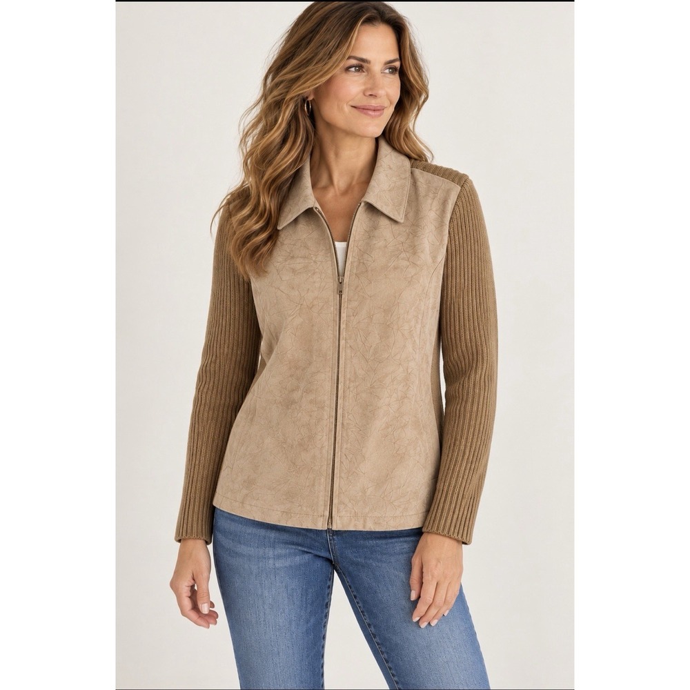 Coldwater Creek Leather Wool Knit Jacket Womens XL Tan Crinkle Suede NWT - Picture 11 of 13